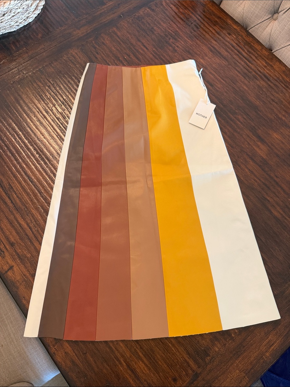 MOTHER Vertical Colorblock Leather Midi Skirt in White, Yellow & Earth Tones